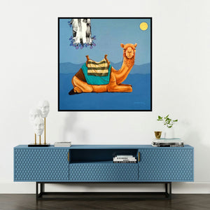 'The Camel' painting by Shankar Lohar shown on a wall in a furnished room.