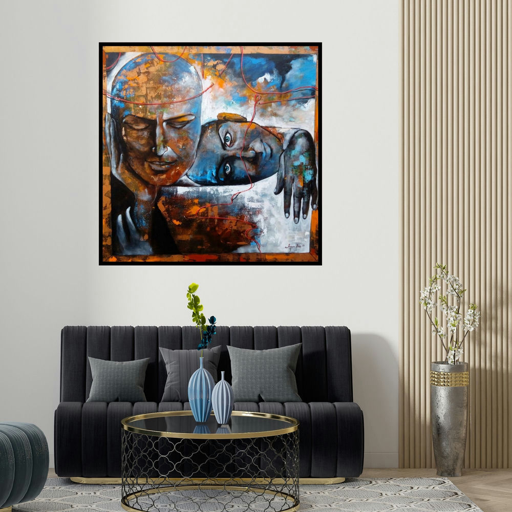 Arjun Das's 'The Caring Couple' painting visualized above a sofa in a contemporary room.