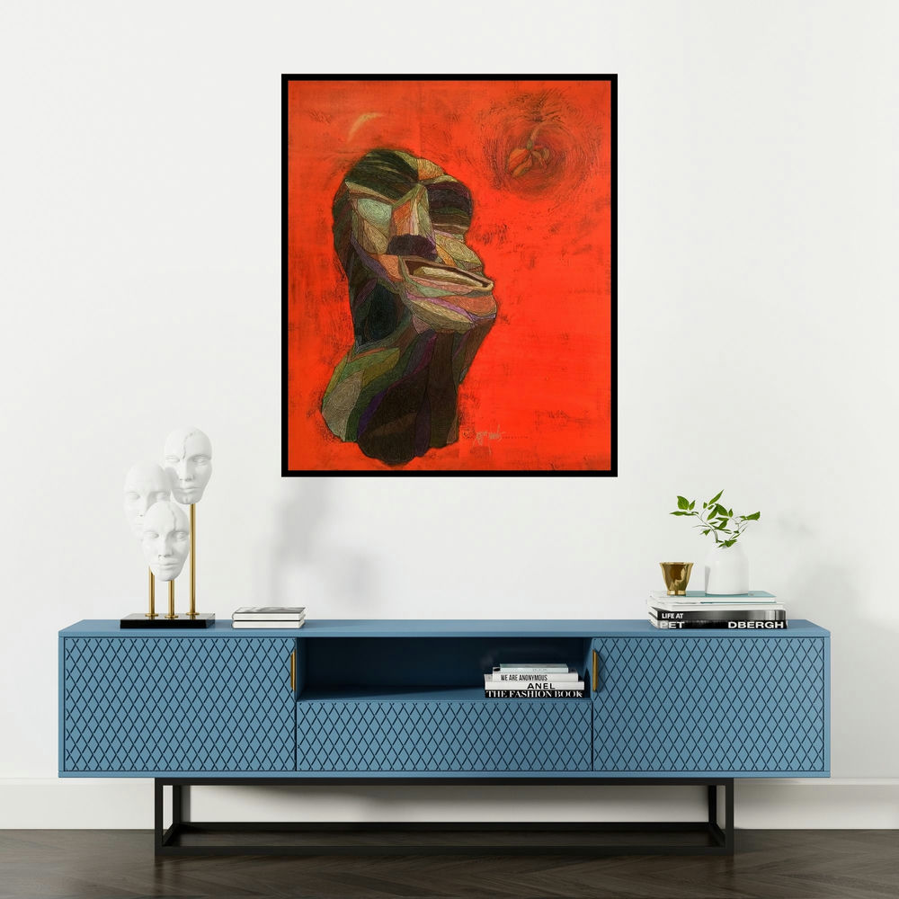 Tamojit Bhattacharya's 'Carnality (Inner Dialogue)' painting visualized above a sofa in a contemporary room.