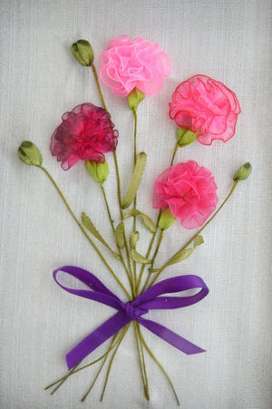 Carnations (Ribbon Flower Bouquet) by Mohna Paranjape, Original Cloth Nature Painting on Cloth, X-Small Vertical Wall Art