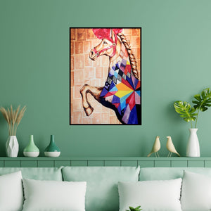 Preview of 'Carnival Horse' Painting by Gunjan Adya shown on a wall in a furnished room.