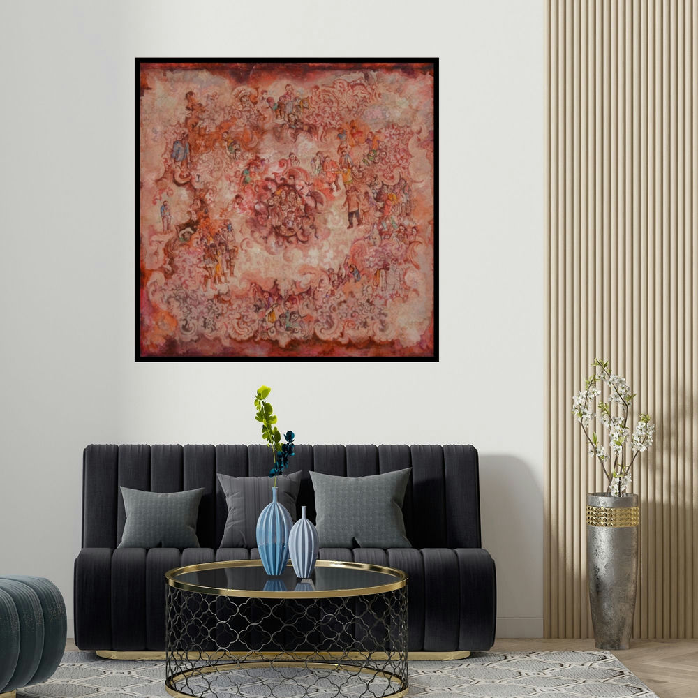 Raka Panda's 'The Carpet' painting visualized above a sofa in a contemporary room.