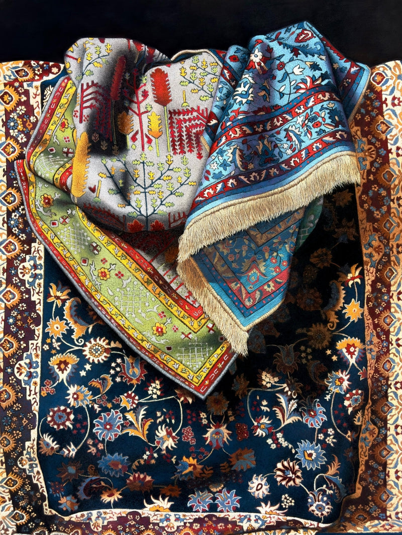 Carpet Series 2' still-life mixed-media drawing by artist Shashikant Dhotre, 40x30 inch, on paper
