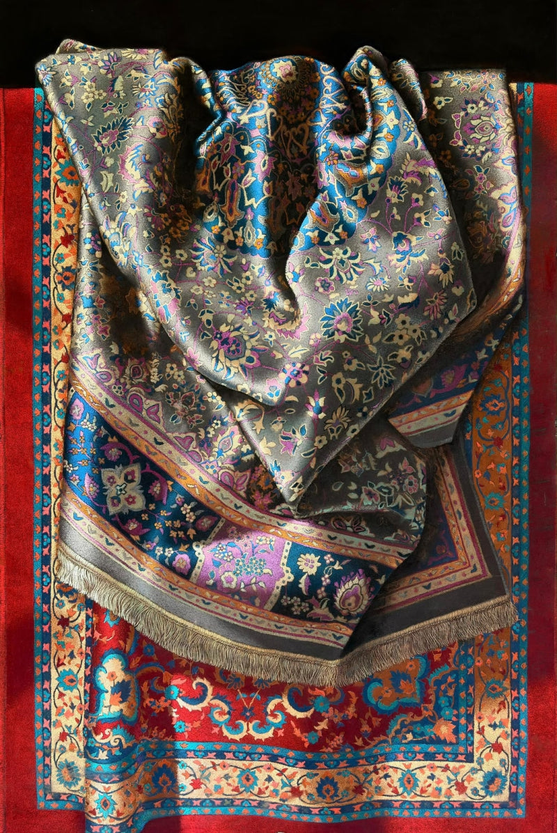 Carpet Series 3' still-life mixed-media drawing by artist Shashikant Dhotre, 60x40 inch, on paper