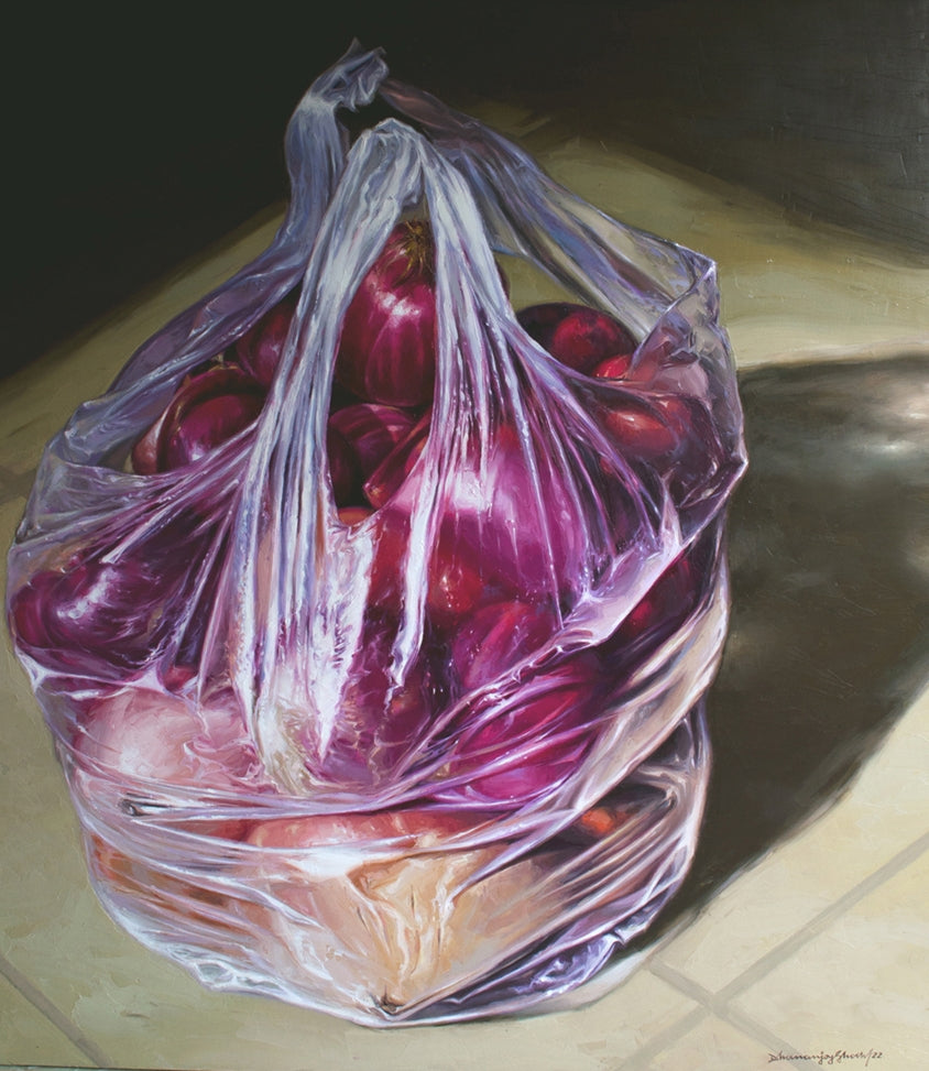 Carry Bag 1' still-life oil painting by artist Dhananjoy Ghosh, 54x48 inch, on canvas