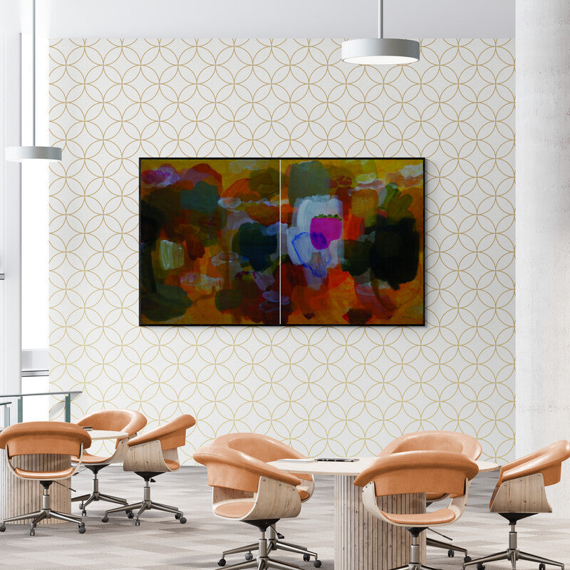 Preview of 'Casual Form (Diptych)' Painting by Mohd Majeed Mansoori shown on a wall in a furnished room.