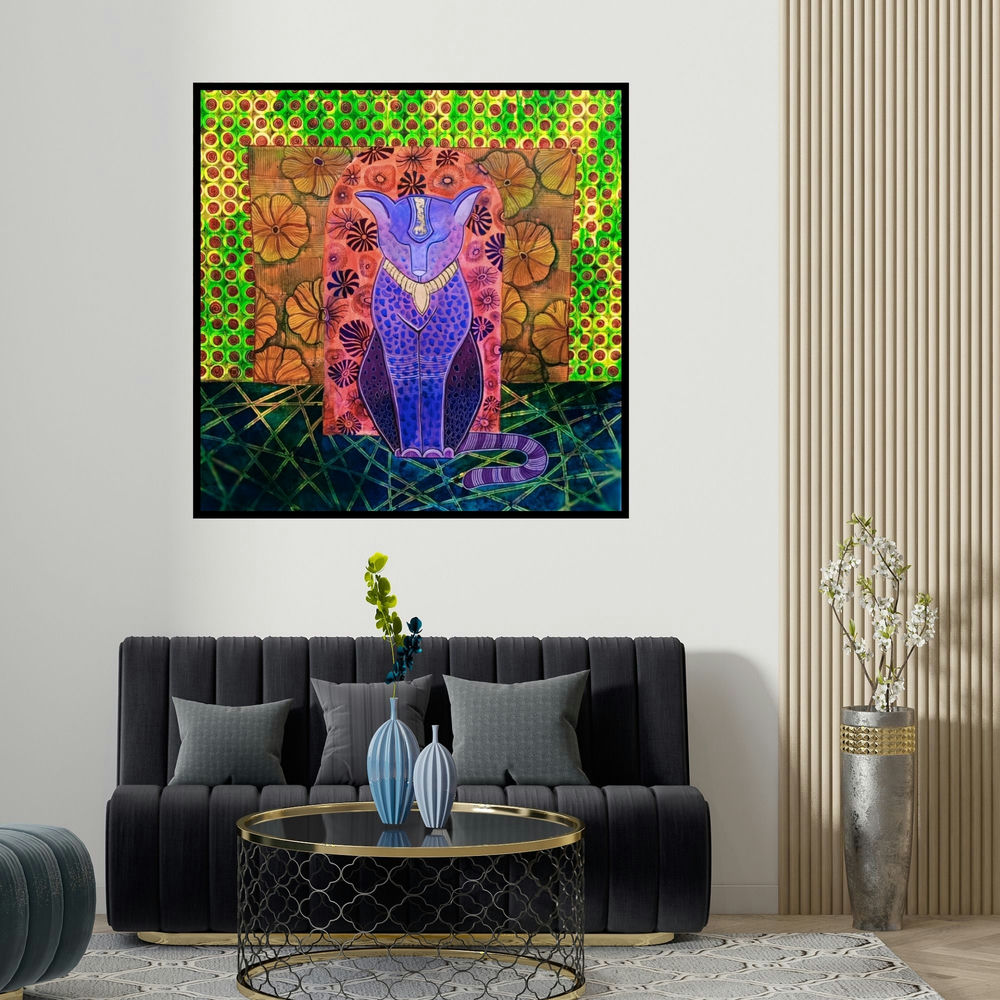 Anissha Deshpande's 'The Cat (The Serene Guardian)' painting visualized above a sofa in a contemporary room.
