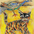Animals serigraphs painting titled 'Cat Peacock', 30x22 inch, by artist Paritosh Sen on Paper