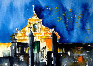 Cathedrale (Sanctuary in Blue: A Glimpse of the Sacred) by Veronique Piaser-Moyen, Original Watercolor Cityscape Painting on Paper, X-Small Horizontal Wall Art