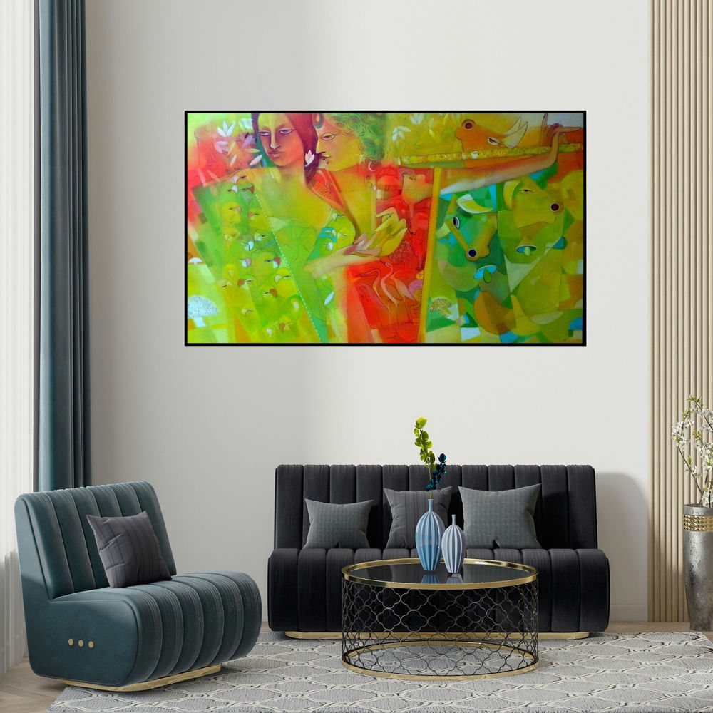 Madan Lal's 'Celebration 1 (Untitled)' painting visualized above a sofa in a contemporary room.