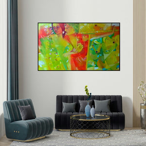 Madan Lal's 'Celebration 1 (Untitled)' painting visualized above a sofa in a contemporary room.