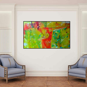 'Celebration 1 (Untitled)' painting by Madan Lal shown on a wall in a furnished room.