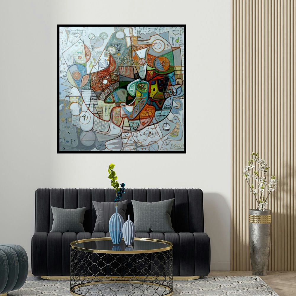 Rajesh Kumar Singh's 'Celebration (Cosmic Tapestry)' painting visualized above a sofa in a contemporary room.