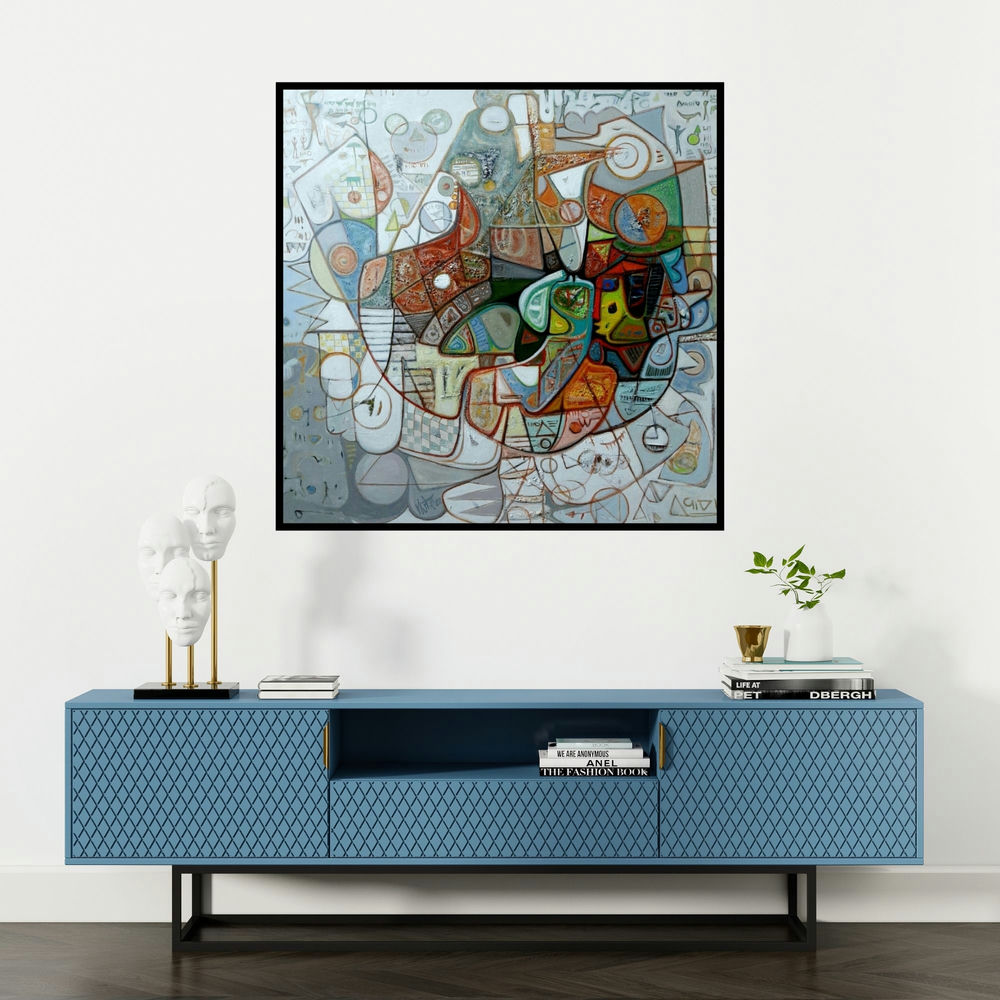 'Celebration (Cosmic Tapestry)' painting by Rajesh Kumar Singh shown on a wall in a furnished room.