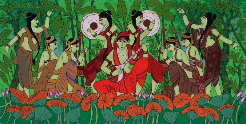 Celebration' figurative acrylic painting by artist Chetan Katigar, 36x71 inch, on canvas