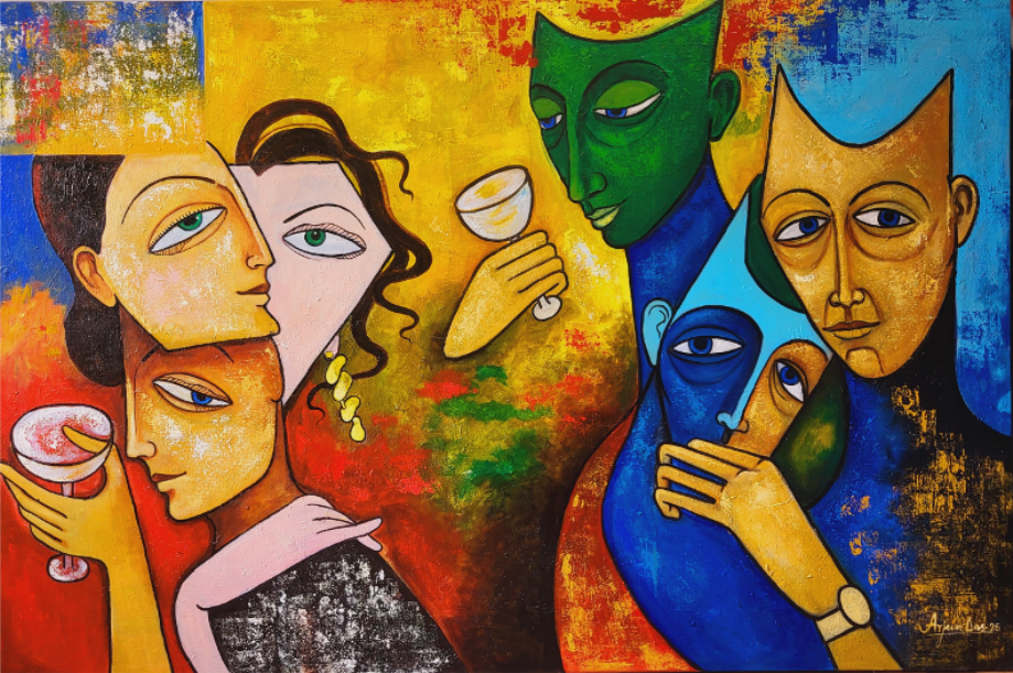 Celebration 2' figurative acrylic painting by artist Arjun Das, 48x72 inch, on canvas
