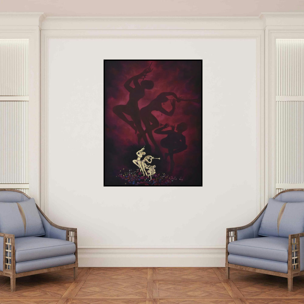 'Celebration' painting by Durshit Bhaskar shown on a wall in a furnished room.