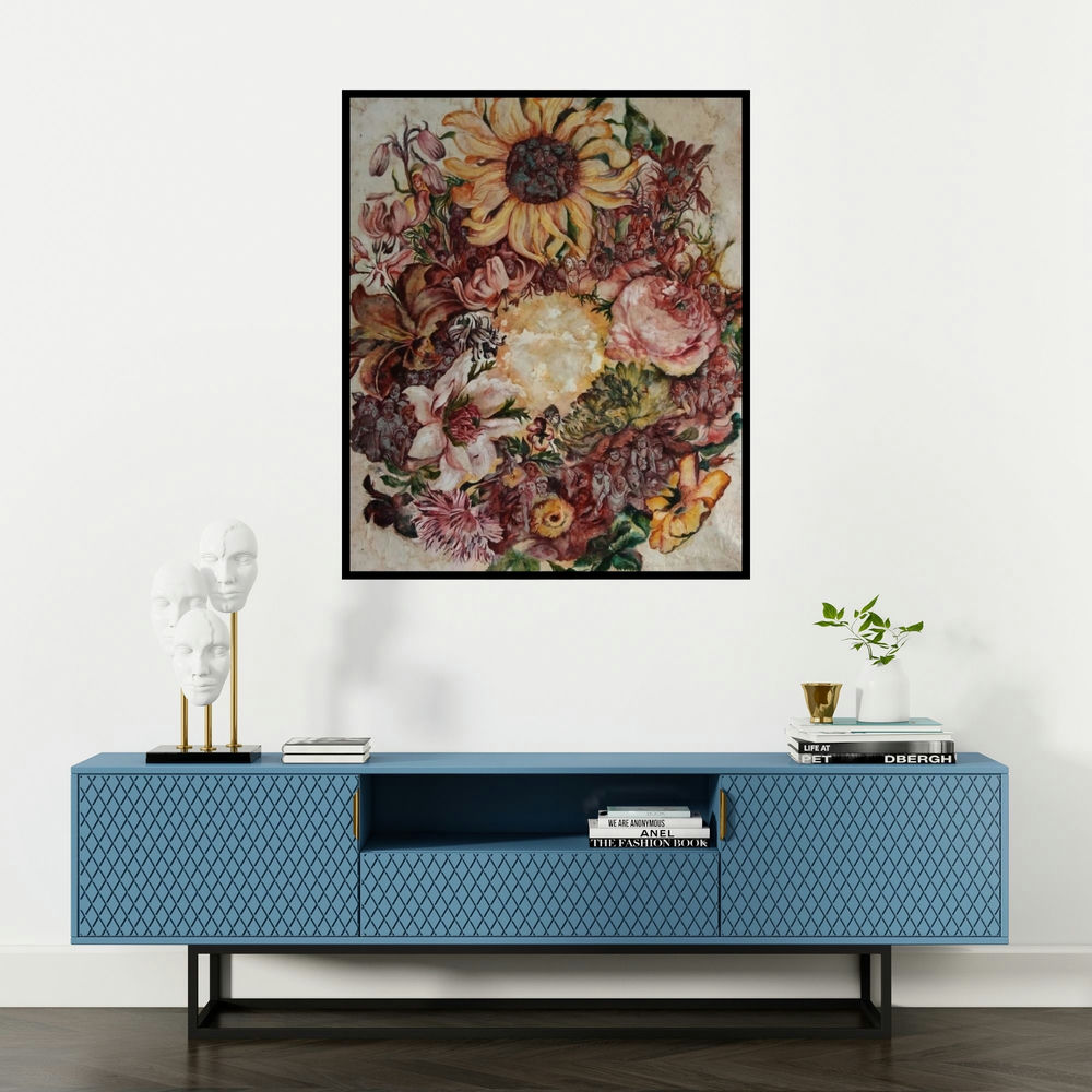 Raka Panda's 'Celebration' painting visualized above a sofa in a contemporary room.