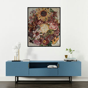 Raka Panda's 'Celebration' painting visualized above a sofa in a contemporary room.