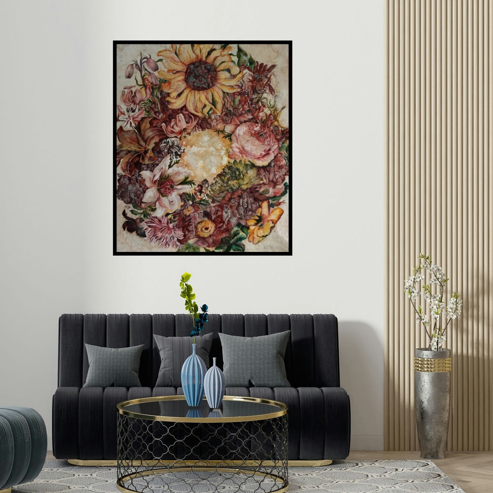 'Celebration' painting by Raka Panda shown on a wall in a furnished room.