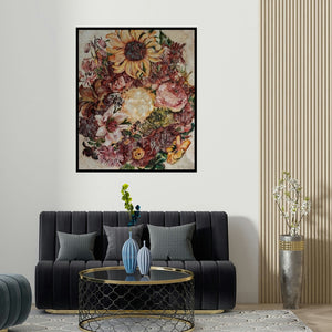 'Celebration' painting by Raka Panda shown on a wall in a furnished room.