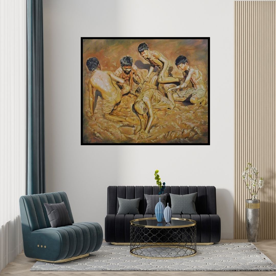 Jitendra Gaikwad's 'Celebration Born To Live 1 (Muddy Mayhem)' Painting visualized above a sofa in a contemporary room