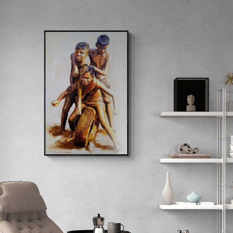 Preview of 'Celebration Born To Live 3 (Tire Games)' Painting by Jitendra Gaikwad shown on a wall in a furnished room.