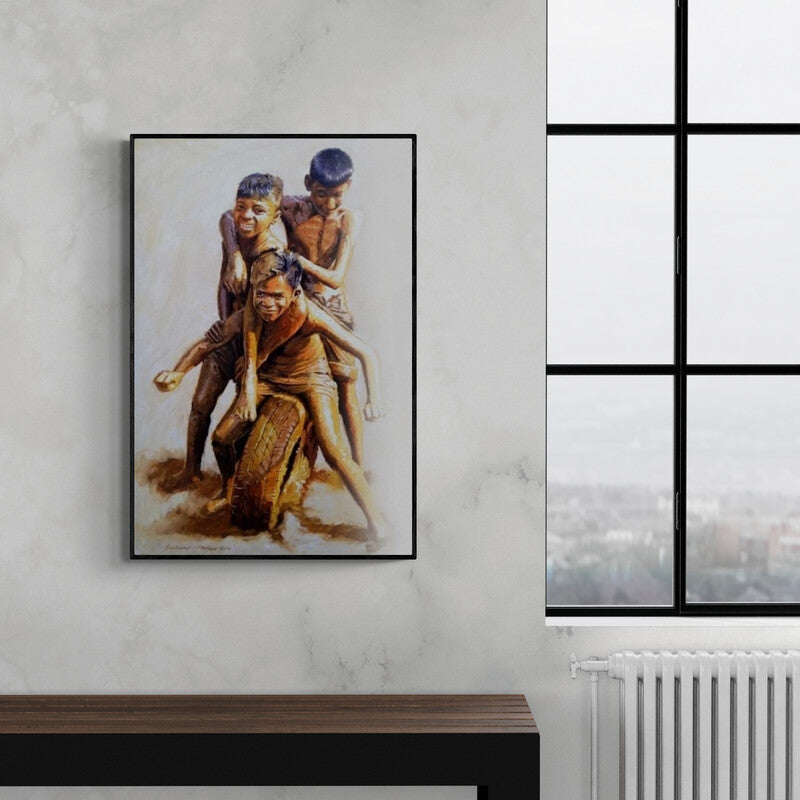 Jitendra Gaikwad's painting 'Celebration Born To Live 3 (Tire Games)' displayed in a modern living room setting