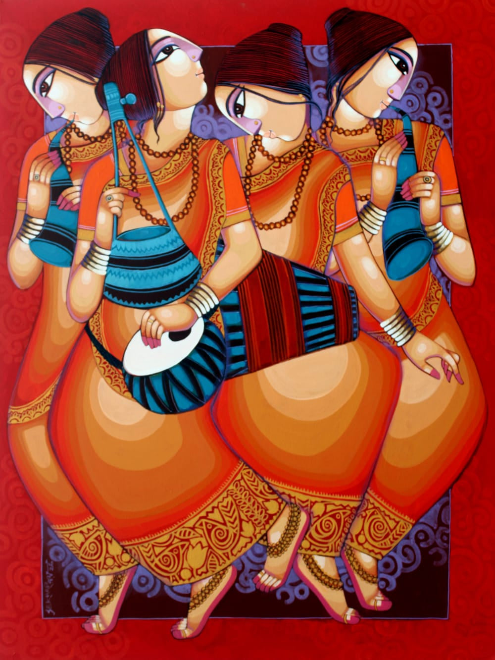 Celebration With Folk' figurative acrylic painting by artist Sekhar Roy, 48x36 inch, on canvas