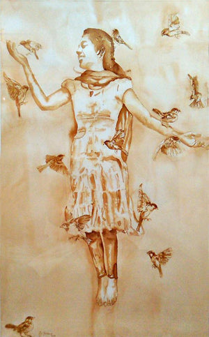 Celebration Of Life (Contentment) by Afza Tamkanat, Original Watercolor Figurative Painting on Acid Free Paper, Large Vertical Wall Art