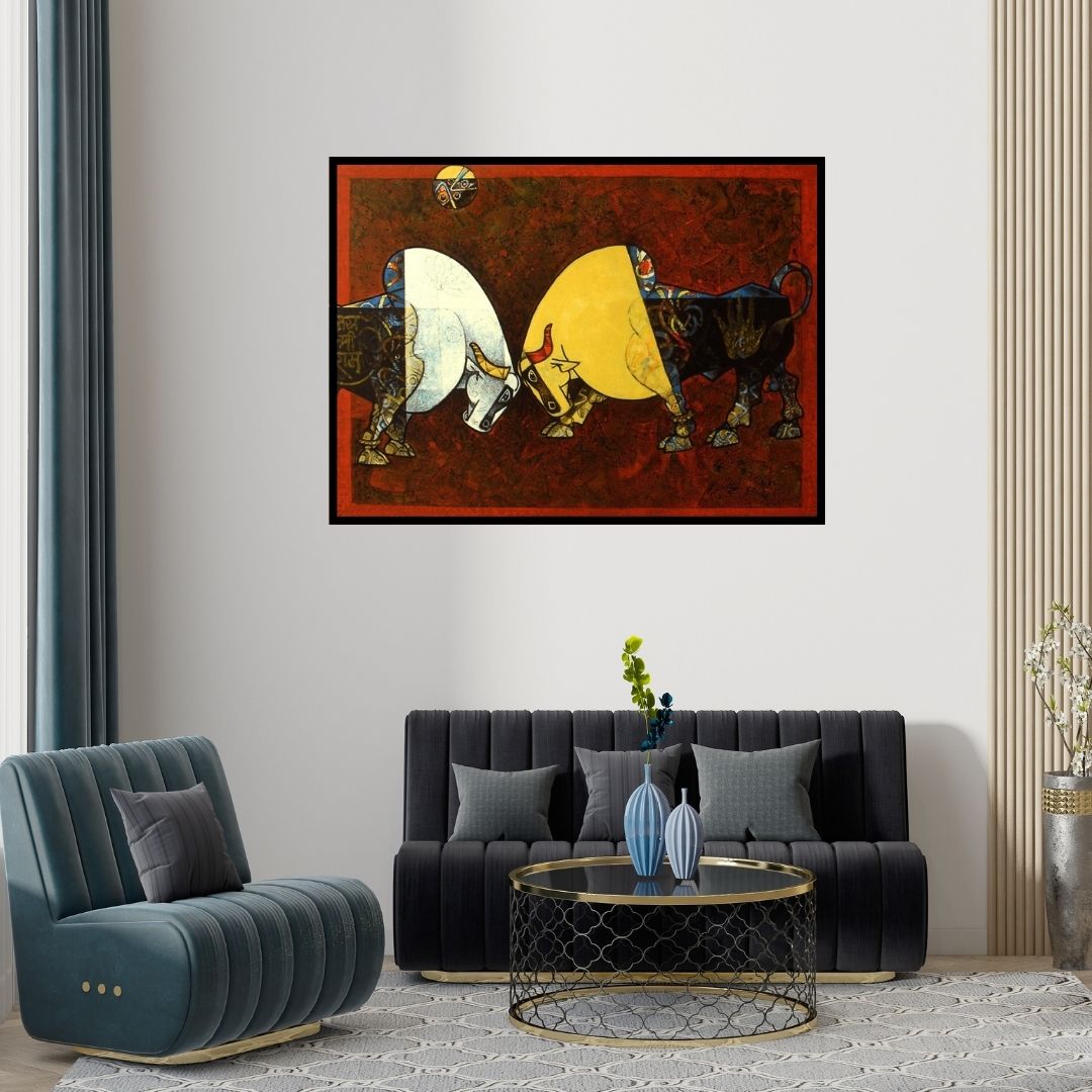 Preview of 'Celebration Xiv' Painting by Dinkar Jadhav shown on a wall in a furnished room.