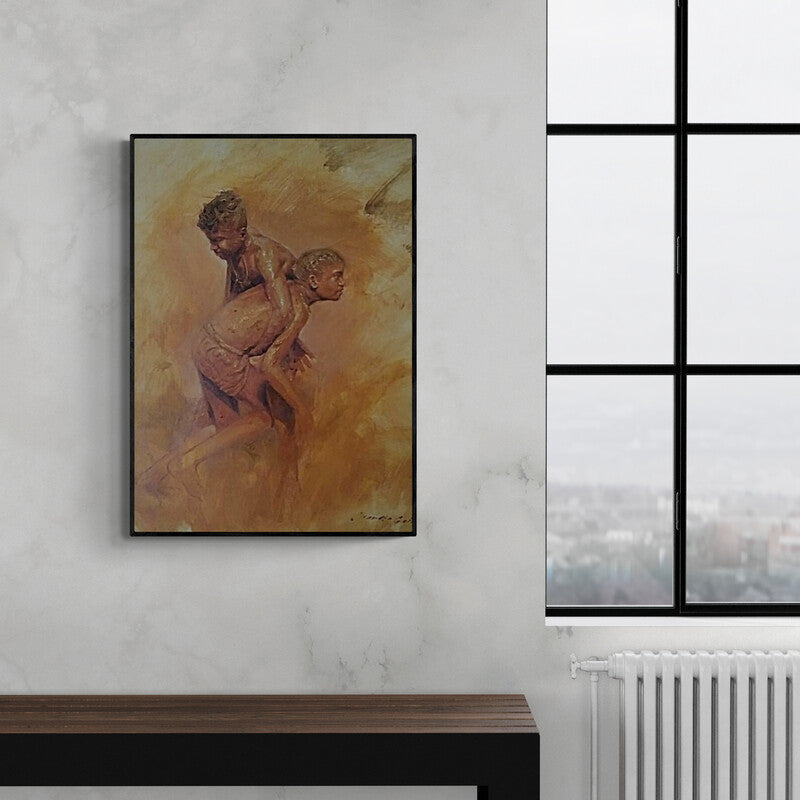 Preview of 'Celebrations Born To Live 4 (Muddy Merriment)' Painting by Jitendra Gaikwad shown on a wall in a furnished room.