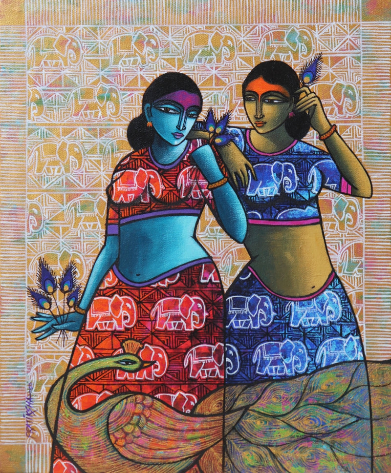 Celestial Beauties' figurative acrylic-charcoal painting by artist Pratiksha Bothe, 18x15 inch, on canvas