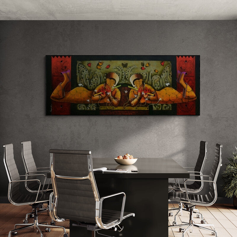 In-situ view of Anupam Pal's 'Celestial Beauty And Her Musical Trance' painting in a room