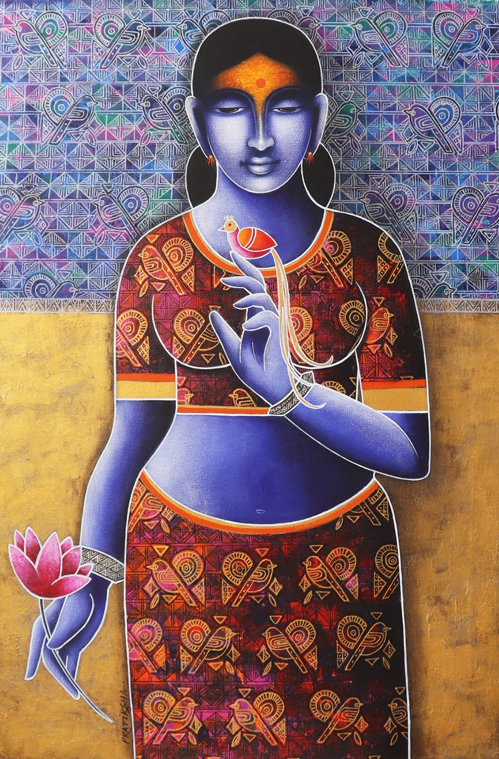 Celestial Beauty Sursundari 2' figurative acrylic-charcoal painting by artist Pratiksha Bothe, 36x24 inch, on canvas