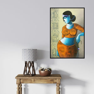 In-situ view of Pratiksha Bothe's 'Celestial Beauty In Memory Of Harappa 1 (Harappan Echoes: A Contemplative Gaze)' painting in a room