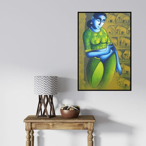 In-situ view of Pratiksha Bothe's 'Celestial Beauty Sursundari 1 (Elephant Guardians: A Celebration of Womanhood)' painting in a room