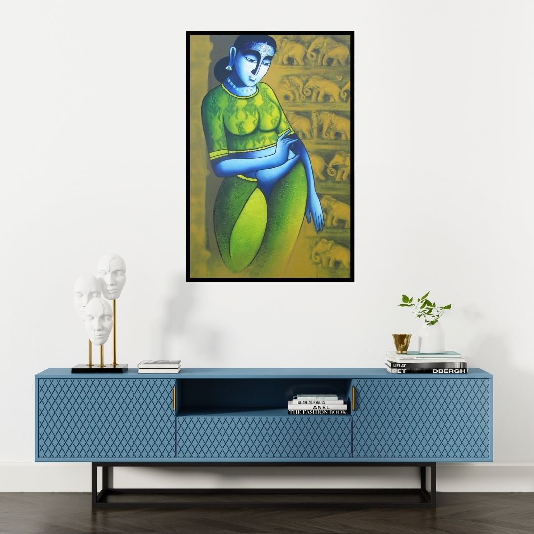 Preview of 'Celestial Beauty Sursundari 1 (Elephant Guardians: A Celebration of Womanhood)' Painting by Pratiksha Bothe shown on a wall in a furnished room.