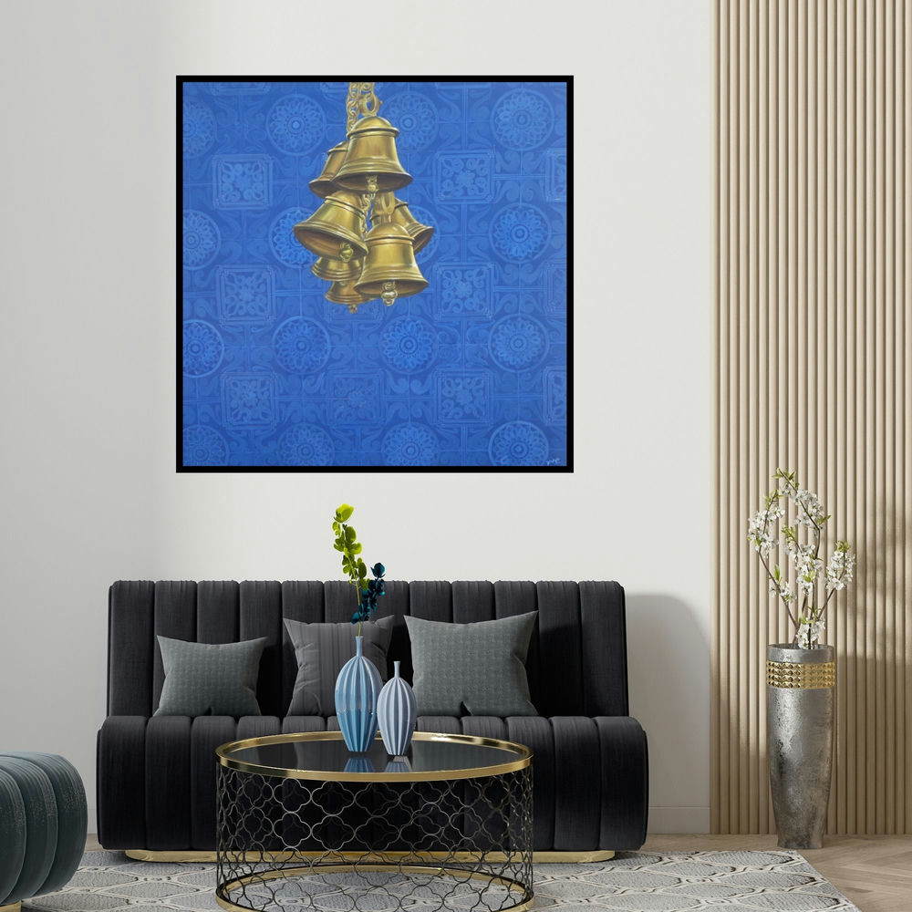 Divya Chinni's 'Celestial Bells' painting visualized above a sofa in a contemporary room.