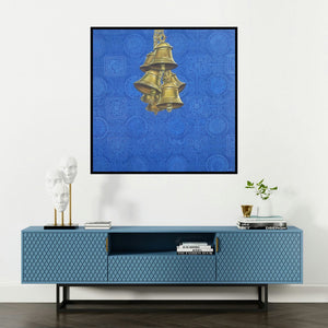'Celestial Bells' painting by Divya Chinni shown on a wall in a furnished room.