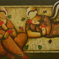 Celestial Conversations' figurative acrylic painting by artist Anupam Pal, 36x60 inch, on canvas