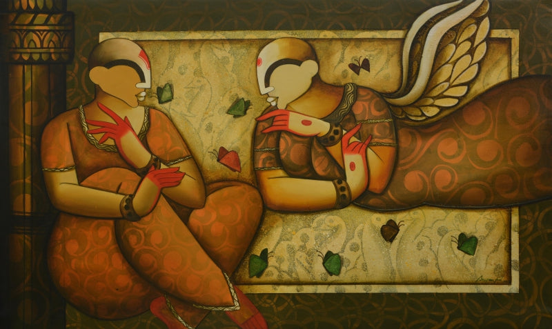 Celestial Conversations' figurative acrylic painting by artist Anupam Pal, 36x60 inch, on canvas
