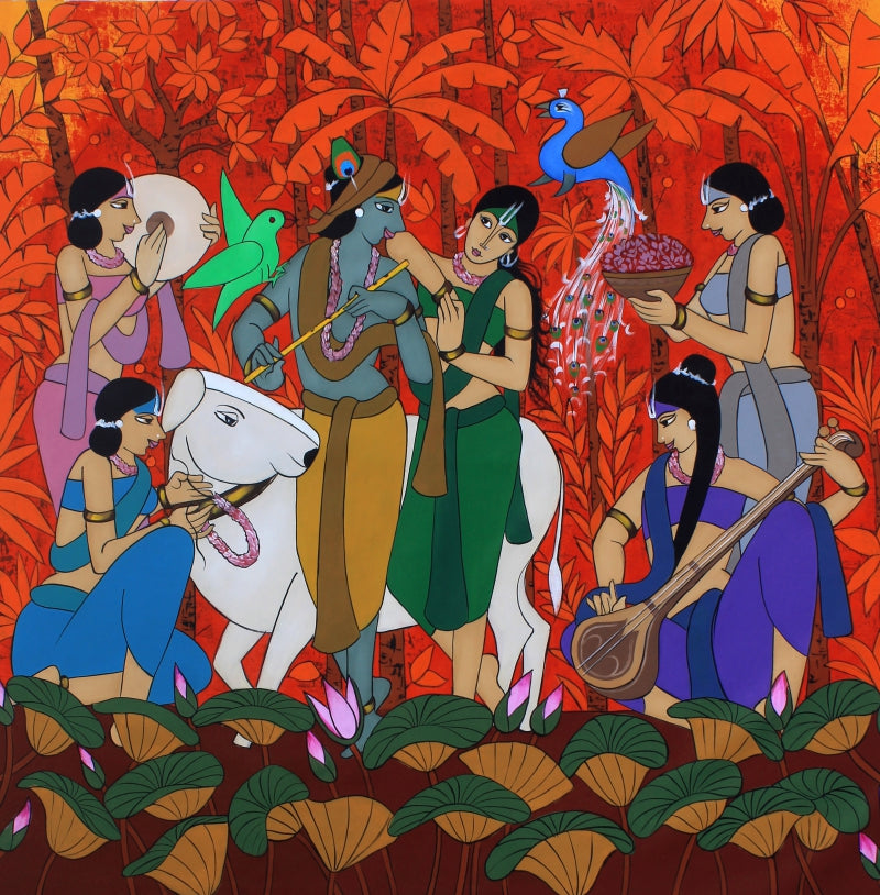 'Celetial Love' religious acrylic painting by artist Chetan Katigar, 57x57 inch, on canvas