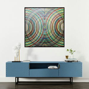 'Centripetal And Centrifugal Permutations (Celestial Tapestry**)' painting by Ghanshyam Gupta shown on a wall in a furnished room.