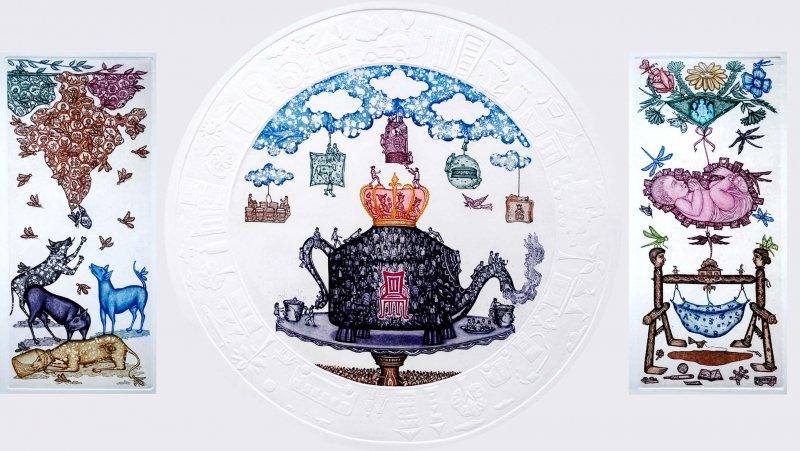 Lifestyle etching drawing titled 'Chai Pe Charcha', 24x36 inches, by artist Sandeep Suneriya on Paper