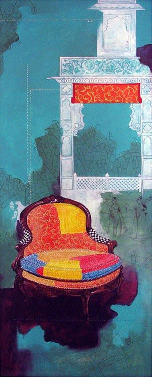 Fantasy acrylic painting titled 'Chair 5', 18x18 inches, by artist Ramchandra Kharatmal on Canvas
