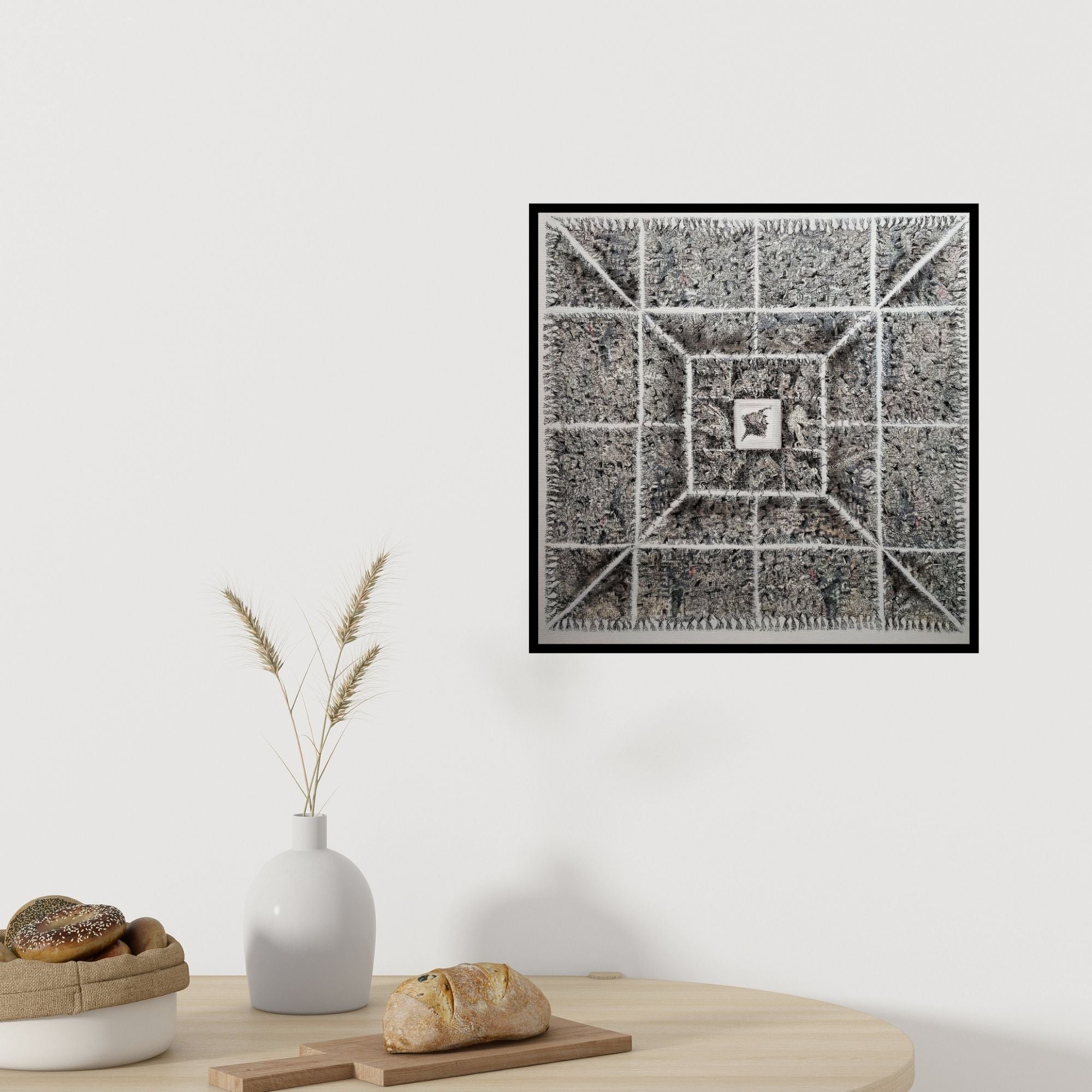 In-situ view of Kusum Lata Sharma's 'Chakkarview (Geometric Urban Tapestry)' painting in a room