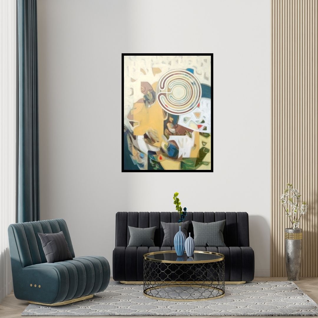 Preview of 'Chakravyuh (Labyrinth of Thought)' Painting by Mohan Vishwakarma shown on a wall in a furnished room.