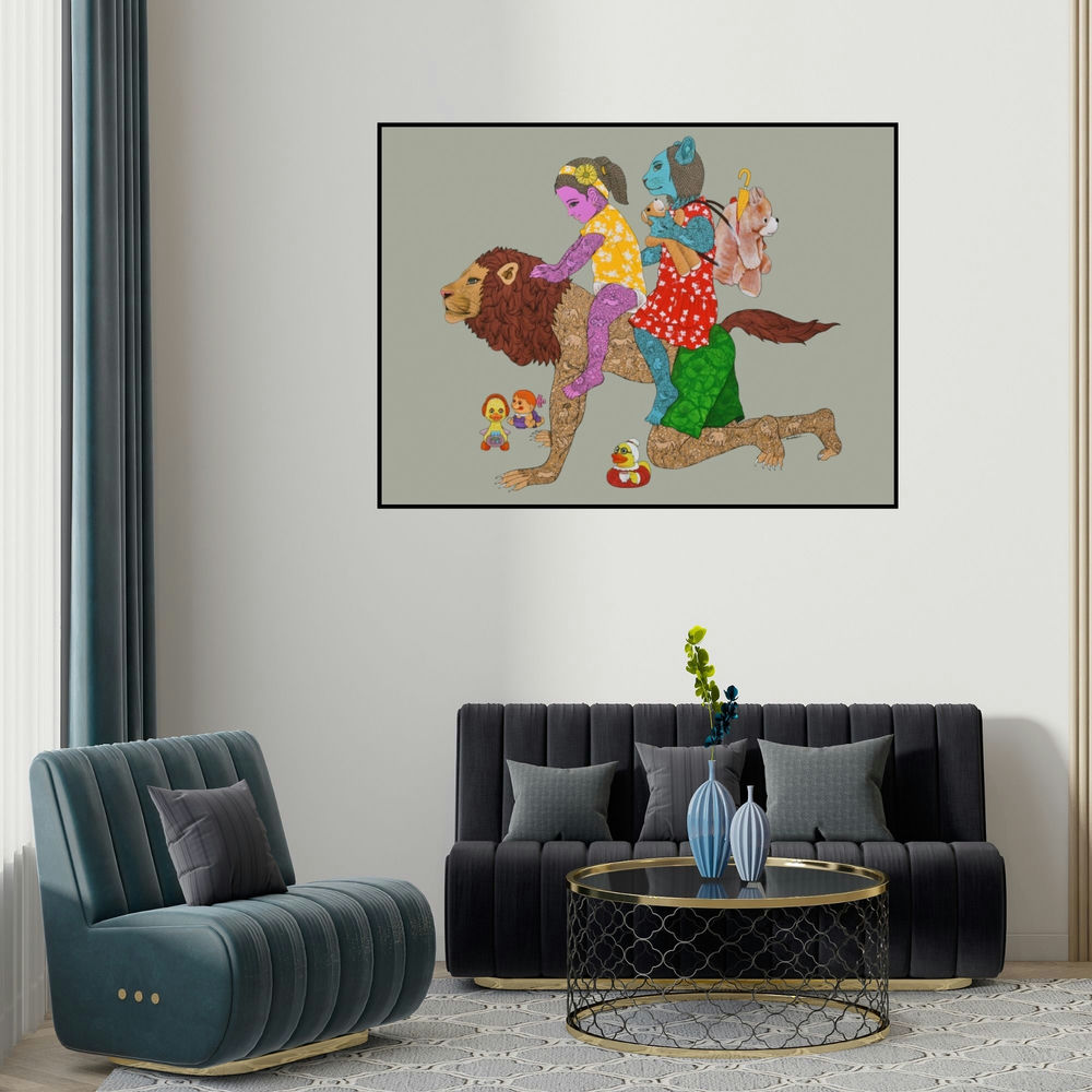 Bandana Kumari's 'Chal Mere Ghode Tik Tik Tik' painting visualized above a sofa in a contemporary room.