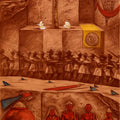 Chambers Of Amazing Museum 3' contemporary mixed-media painting by artist Bara Bhaskaran, 50x36 inch, on brown paper